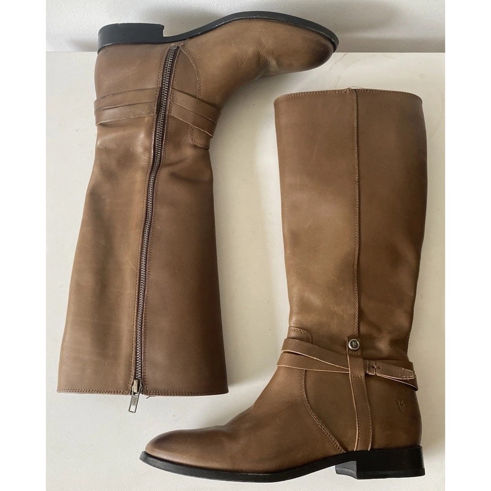 FRYE Melissa Belted Tall Women's Leather Riding Boot Brown Size 8M Dark Taupe